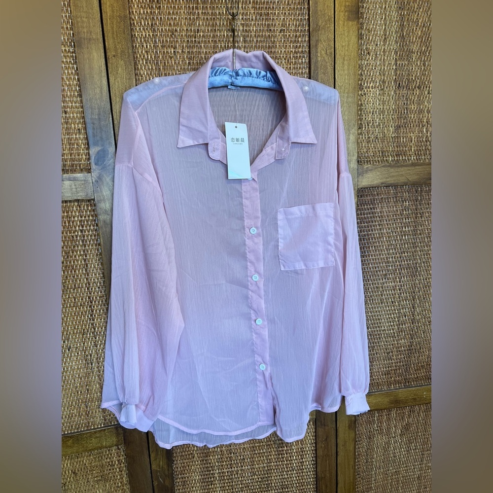 Baby Pink Sheer Blouse (NWT) Long Sleeve Mesh Top